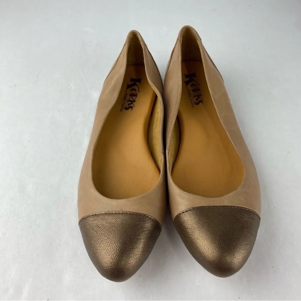 Korks by Kork-Ease Womens 8 Caren Beige Bronze Cap Toe Ballet Flats Slip Ons